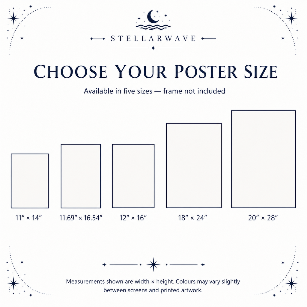 Size guide for Pluto Educational Space Poster showing five available poster dimensions ranging from 11 by 14 inches to 20 by 28 inches with a note that frames are not included.