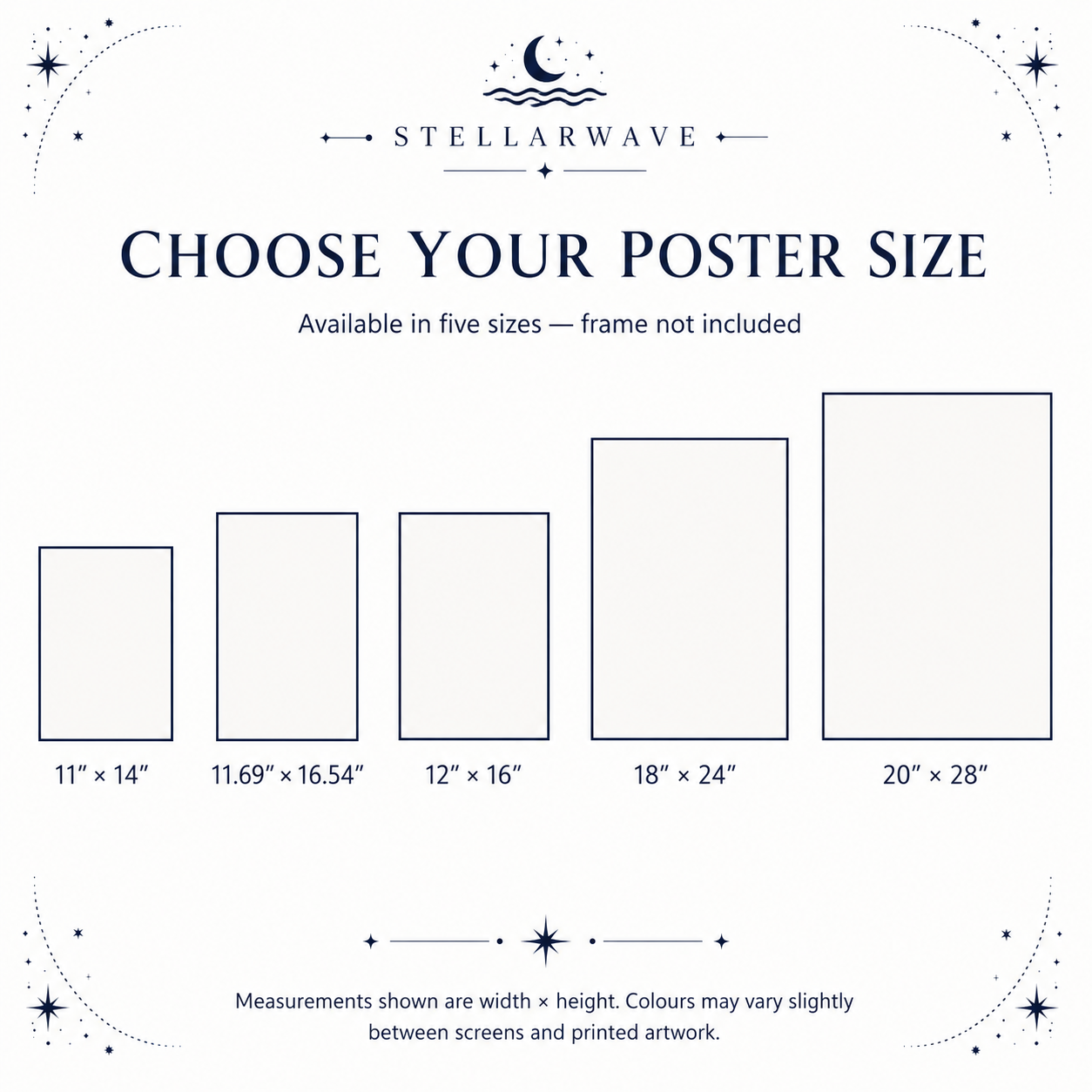 Size guide for Pluto Educational Space Poster showing five available poster dimensions ranging from 11 by 14 inches to 20 by 28 inches with a note that frames are not included.