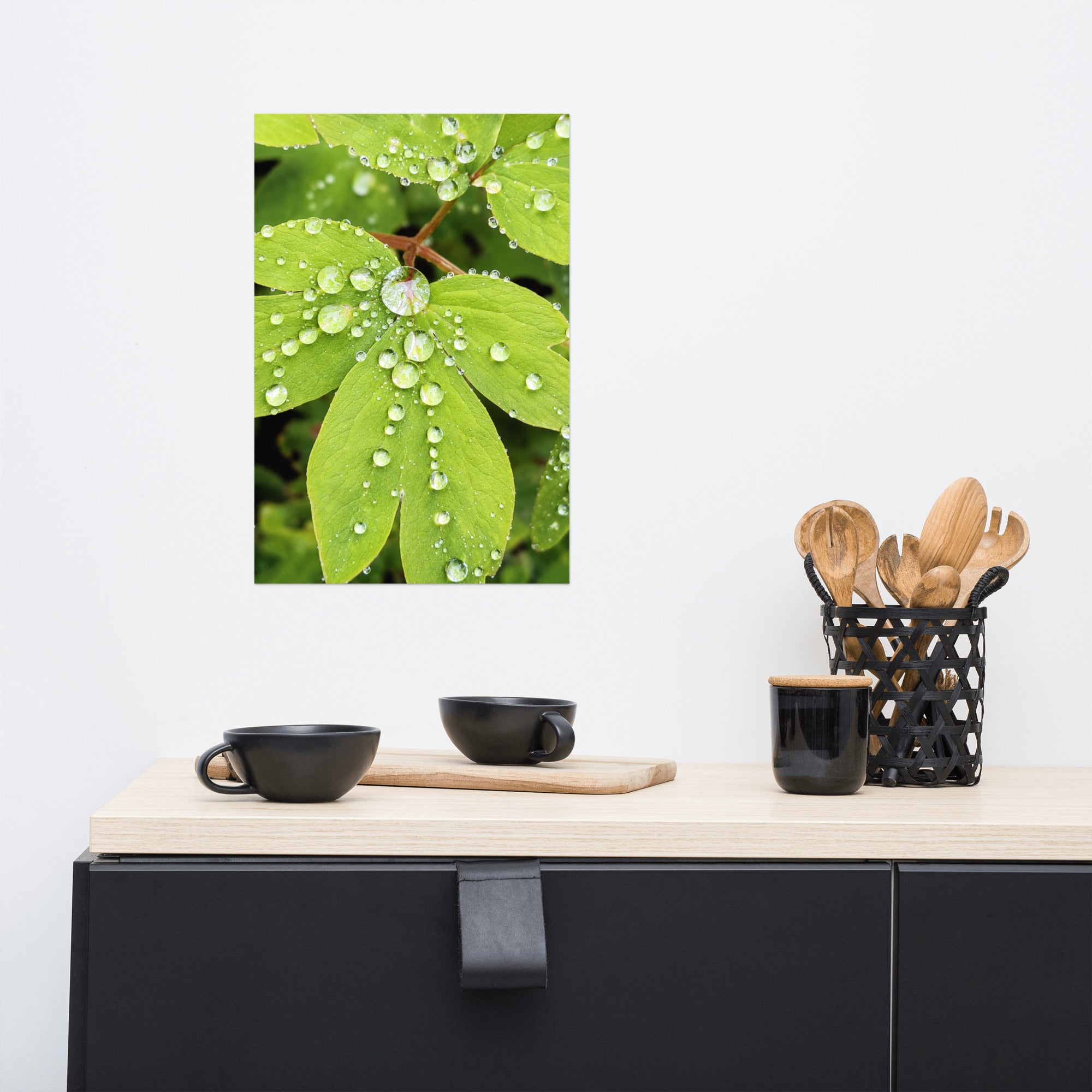 "After the Rain" poster featuring water droplets on green leaves dislayed above a kitchen counter.