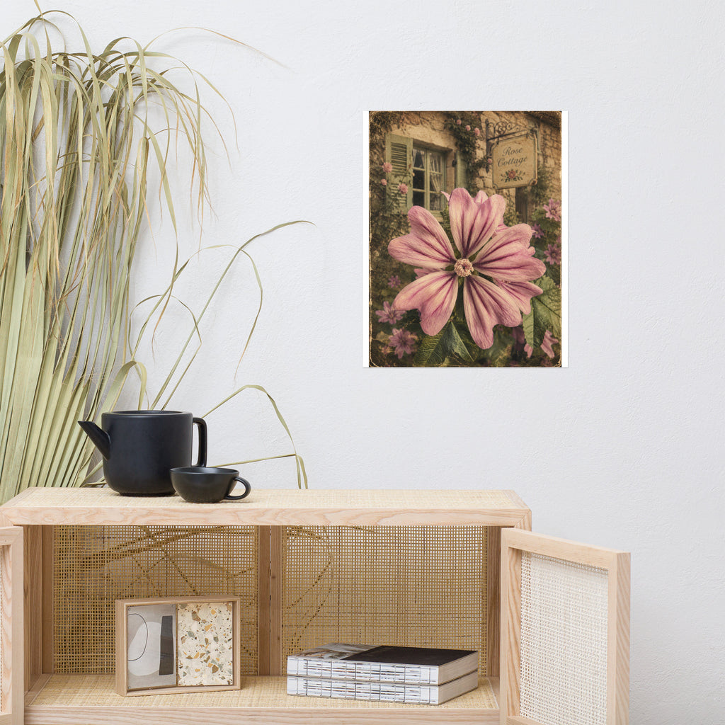 Poster - Malva Silvestris Vintage Cottage featuring a large pink flower over a rustic cottage wall with soft floral accents in muted vintage tones.