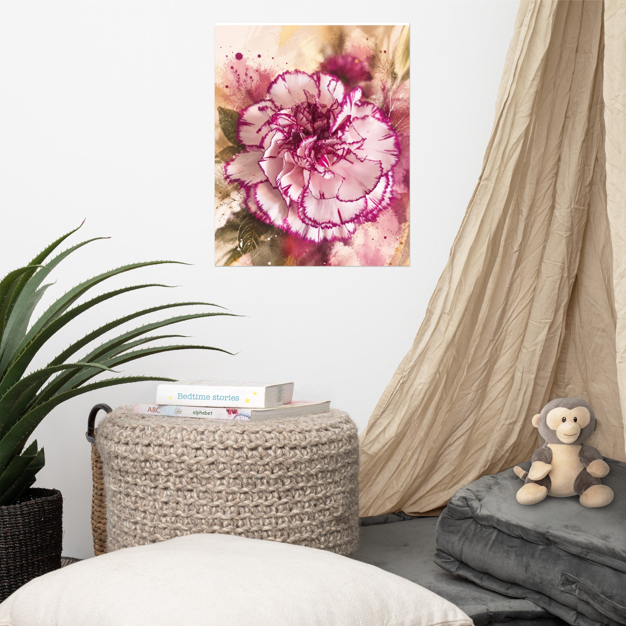 Poster - Carnation Dreams featuring a detailed pink and white carnation flower with green leaves on a soft beige background, displayed in a cozy room setting.