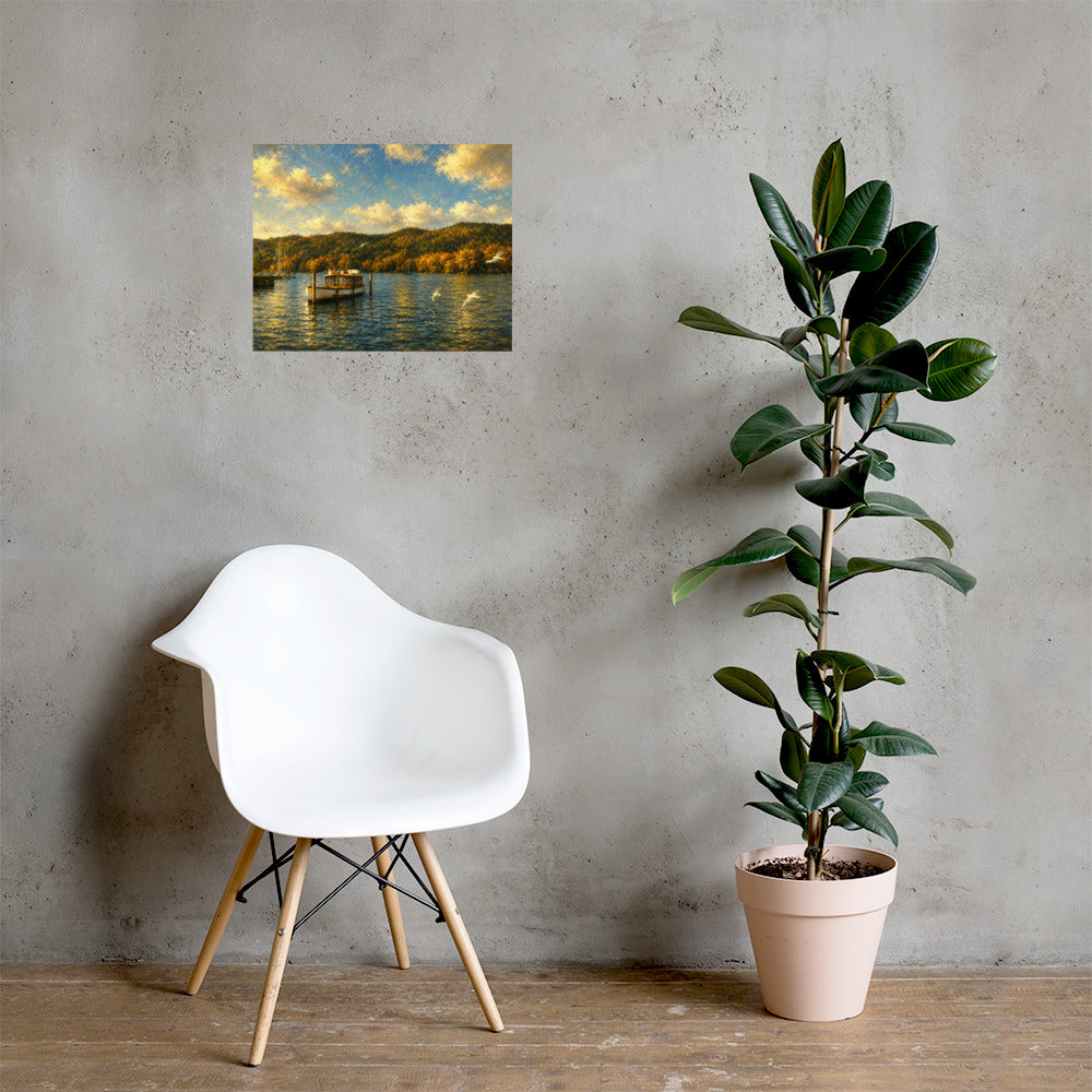 Poster - Golden Reflection on Windermere showing a serene lake with golden sunlight, boats, and distant hills, displayed above a white chair and green potted plant.