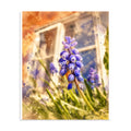Poster - Purple Flower Window Scene featuring a close-up of vibrant purple flowers with a softly blurred window and warm sunlight in the background.
