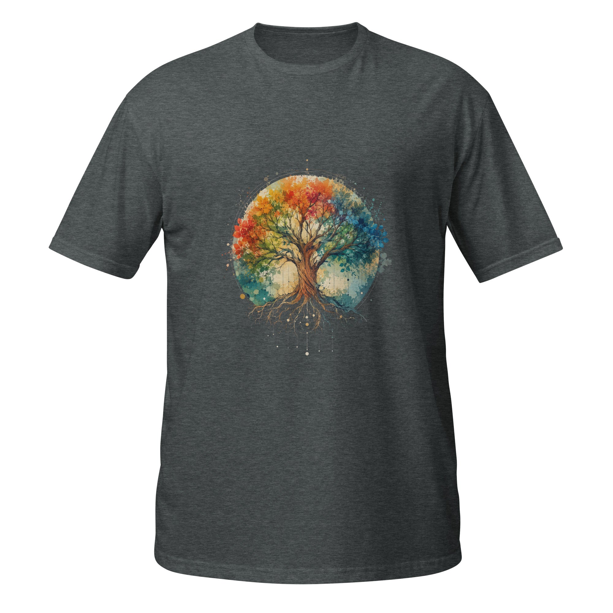 Dark heather Tree of Life - Short-Sleeve Unisex T-Shirt featuring a colorful watercolor tree with detailed roots and branches.